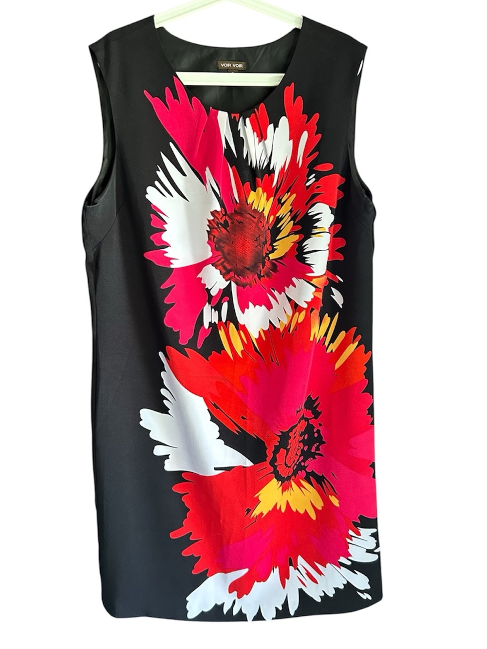 Voir Voir Black Midi Shift Dress with Pink, Red & White Floral Print